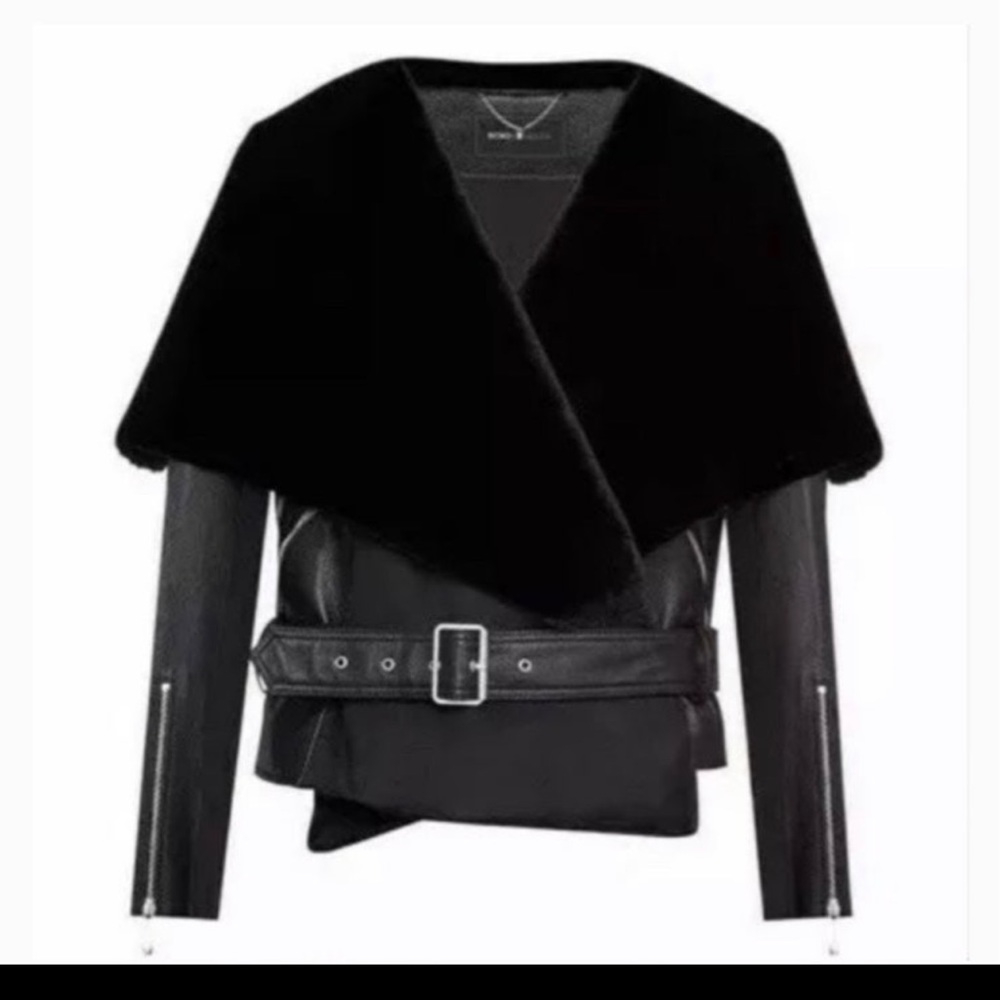 BCBGMAXAZRIA Jade black leather & faux fur wrap jacket